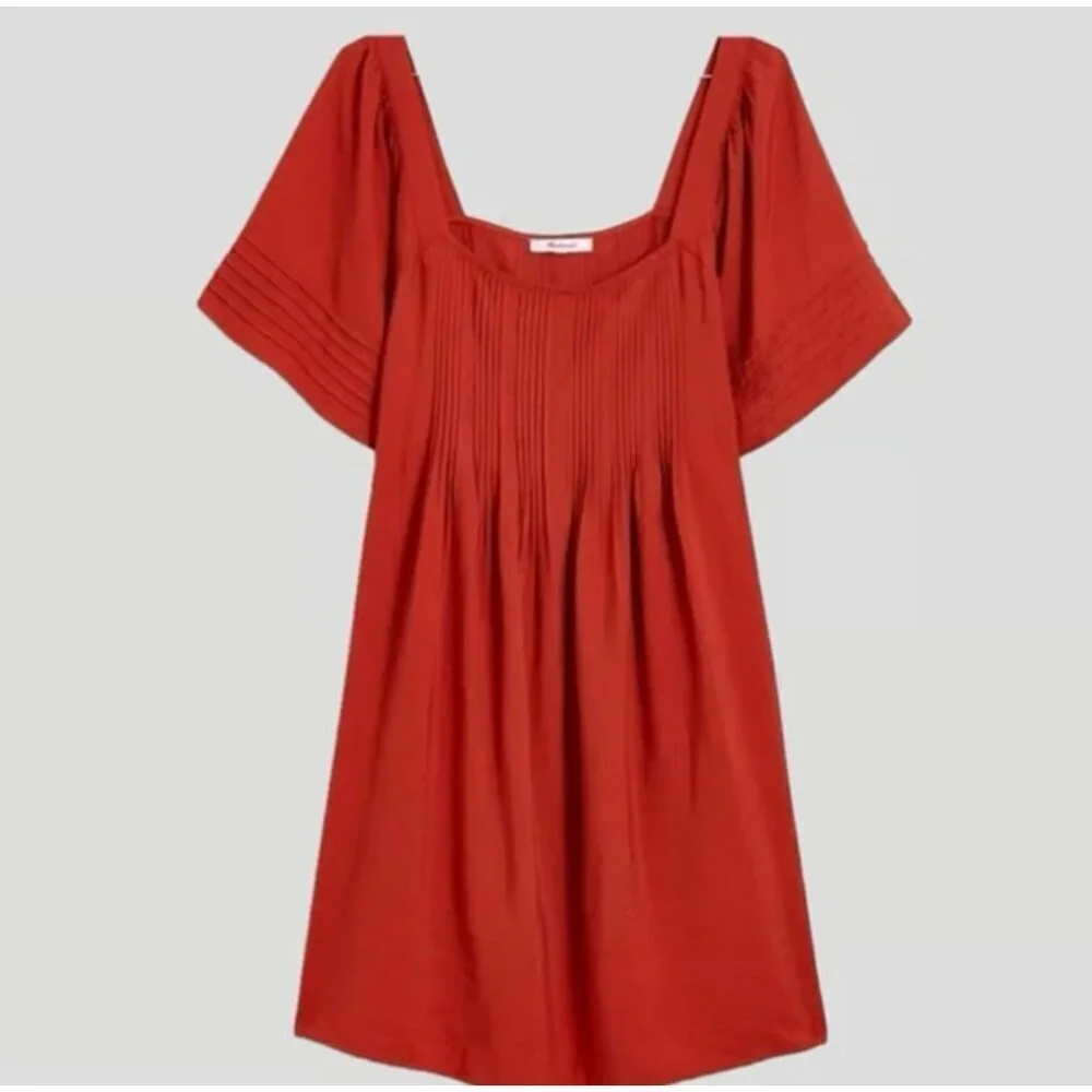 Madewell Pintuck Pleat Square Neck Minidress in Etruscan Clay Red Size M NP113